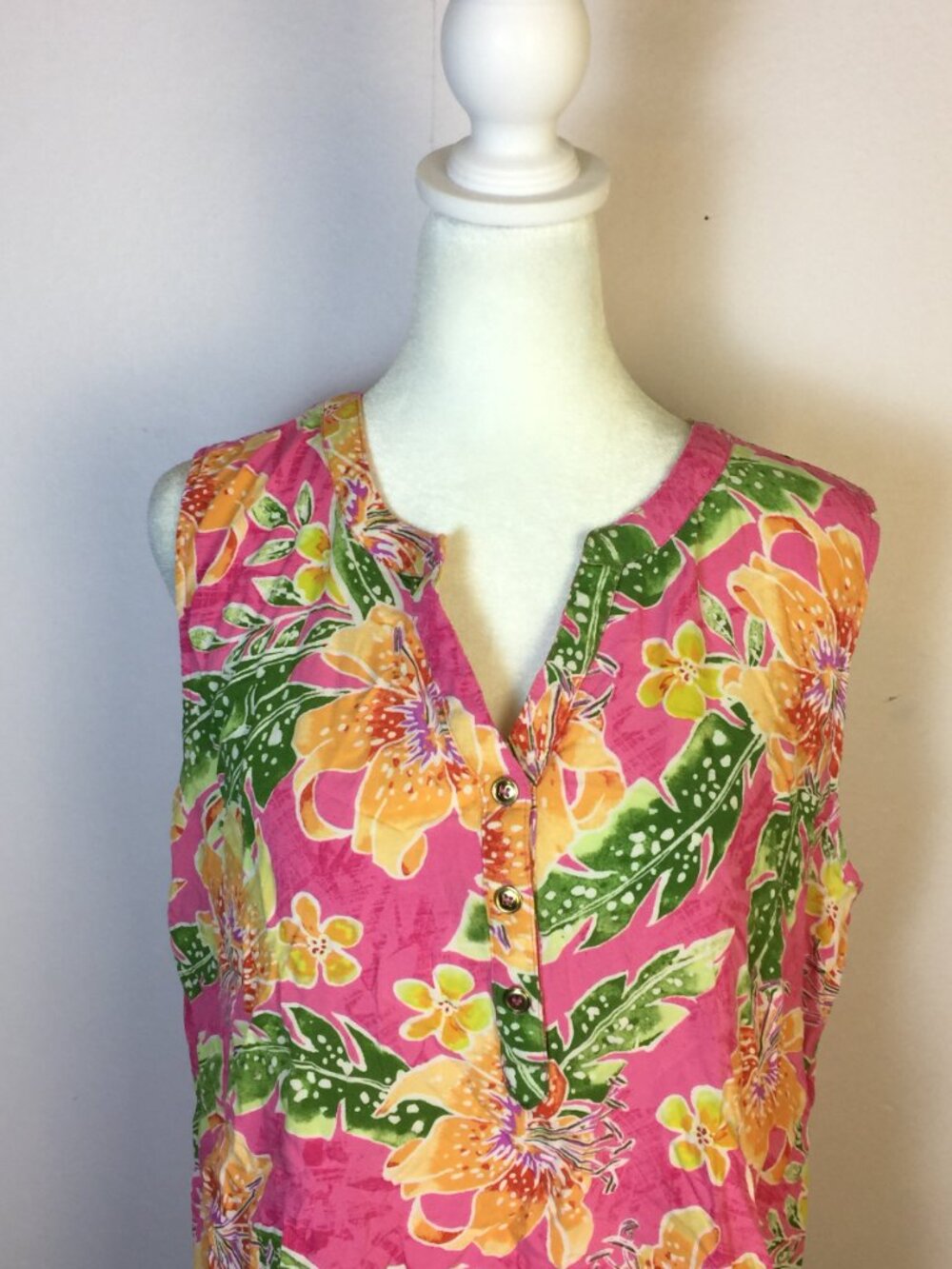 Caribbean Joe Shirt Blouse Size L Womans Pink Floral Sleeveless Hawaiian Beach - Picture 10 of 14